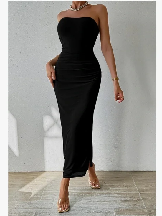 Strapless Black Bodycon Midi Dress - Sleek Evening Wear - Picture 3 of 9